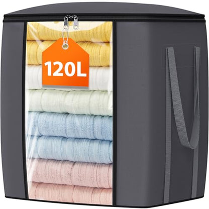 120L Extra Large Blanket Clothes Storage Bags, Gray, 1 Pack | Foldable Blanket Storage and Organization, Thick Fabric Containers with Reinforced Handles & Zippers for Comforters, Bedding
