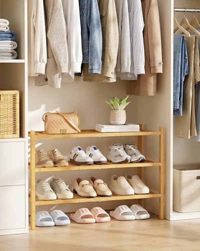 Kitsure Bamboo Wooden Shoe Rack for Closet, 26.8" Wide - 3 Tiers, Natural | Stackable Shoe Organizer with Modular Structure, Space-Saving Shoe Shelf for Entryway, Living Room, Zapateras Organizer