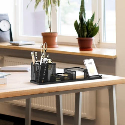 Pen Holder for Desk, 6-Piece Mesh Desk Organizer with Phone Holder, Black | 6-Piece Black Mesh Desk Set Includes Pen Cups, a Sticky Note Caddy and Phone Holder for Office, School, Home
