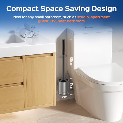 HAMITOR Toilet Brush and Holder Set: 2 Pack Stainless Steel Rustproof Kits with Deep Cleaning Bristles - Hidden Toilet Cleaner Scrubber for Homeowners - Compact Bathroom Accessories for Home RV Silver