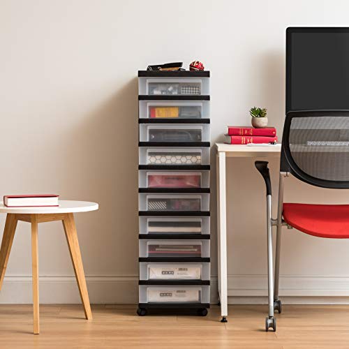 IRIS USA 10-Drawer Rolling Storage Cart, Black/Clear | Keep craft supplies, office essentials, classroom items, and accessories organized with easy-access drawers for daily use