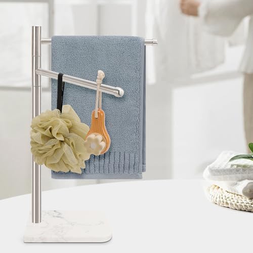 Standing Hand Towel Holder, Hand Towel Stand with Marble Base, 304 Stainless Steel Towel Rack with 2 Swivel Arm, Countertop Stand Towel Ring Towel Bar for Bathroom (Brushed Nickel)
