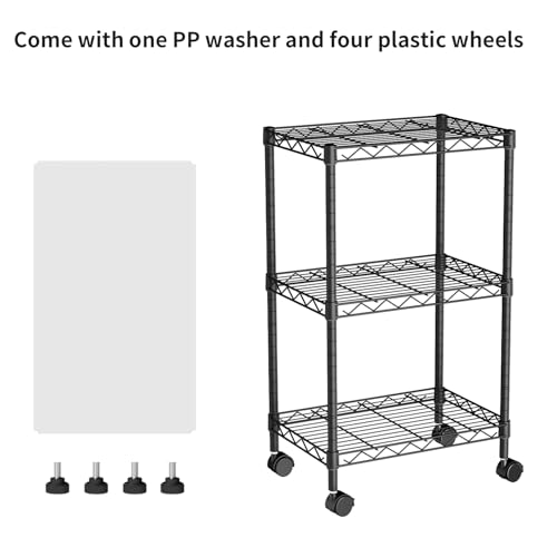 Small Shelves Storage Wire Metal Adjustable Shelf Unit with Wheels | 3 tier Shelving Organizers Storage Shelving for Bathroom Laundry Room Kitchen Pantry 11.7”D x 17.7”W x 30.7”H Black