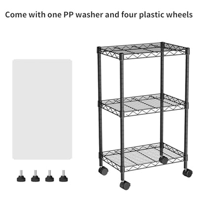 Small Shelves Storage Wire Metal Adjustable Shelf Unit with Wheels | 3 tier Shelving Organizers Storage Shelving for Bathroom Laundry Room Kitchen Pantry 11.7”D x 17.7”W x 30.7”H Black