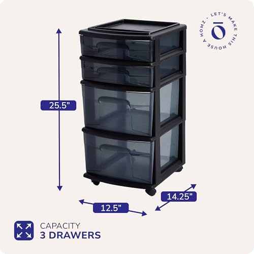 Homz 4 Drawer Plastic Storage and Organizer Cart, Rolling Cabinet for Home, Office, Classroom, Craft, Art Supplies, Black Frame/Tinted Drawers | Plastic Organizer with Clear Bin Drawers for Bedroom, Bathroom, Home Office, and Dorm Rooms