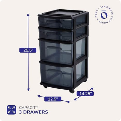 Homz 4 Drawer Plastic Storage and Organizer Cart, Rolling Cabinet for Home, Office, Classroom, Craft, Art Supplies, Black Frame/Tinted Drawers | Plastic Organizer with Clear Bin Drawers for Bedroom, Bathroom, Home Office, and Dorm Rooms