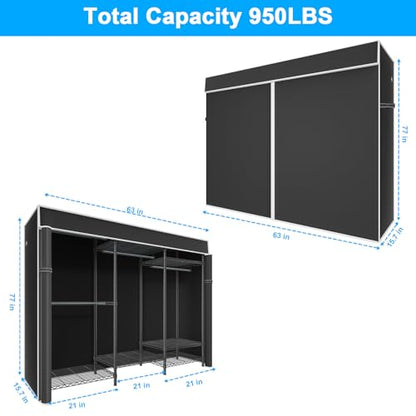 E13C Heavy Duty Closet Organizer System，Freestanding Clothing Racks for Hanging Clothes，Adjustable Garment Rack 63" W x 16" D x 77" H Hold 960 lbs，Black Clothing Rack with Black Dustproof Cover