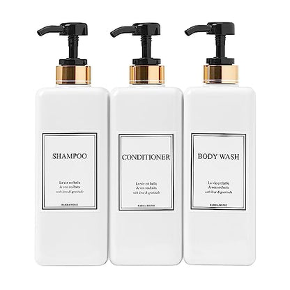 Modern Gold Design Shampoo and Conditioner Dispenser - Large 27oz Shower Soap Dispenser, Set of 3 Refillable Empty Plastic Pump Bottles for Bathroom and Body Wash (6 Waterproof Labels Included), Black