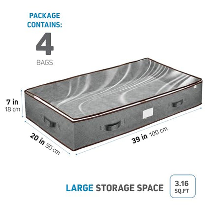 Under Bed Storage Bins - 90L Pack Of 4 Under The Bed Storage Containers For Clothes, Blankets, Winter Clothing, & Shoes - Underbed Storage Containers With Handles, Dual Zippers, & Clear Top