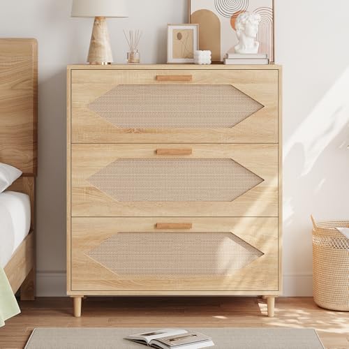 GAOMON 3 Drawer Dresser for Bedroom, 31.5 Inch Wide Rattan Modern Closet Dressers Chest of Drawers, Wood Oak Storage Chest for Kids Bedroom, Hallway, Living Room, Hallway, Natural
