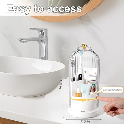 Toothbrush Holders with Cover Toothpaste Organizer for Bathroom, White | 360° Rotating, Dustproof Sliding Lid, Drainage Holes, Waterproof, for Kids Electric Toothbrush Makeup Brush Storage