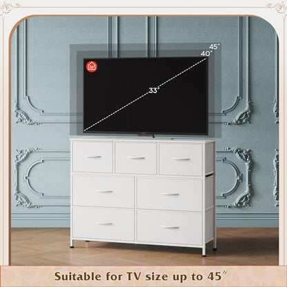 WLIVE Dresser for Bedroom, 7 Drawers, TV Stand, White | 7 roomy fabric drawers, Fits TVs up to 45 inch, Bedroom or living room, Wide storage design, Chest of drawers