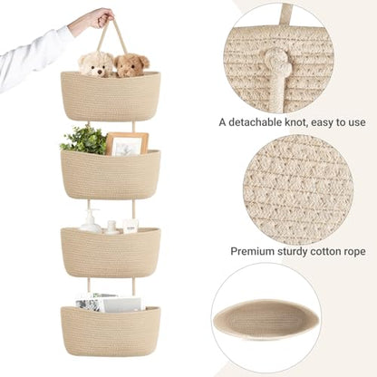 Dahey Over The Door Hanging Basket Storage 4-Tier Woven Wall Basket, Jute | Space-Saving, Hook Fits 1.77" Door, Widely Boho Nursery Organizer for Bathroom Bedroom Dorm Decor, Detachable Adjustable Rope