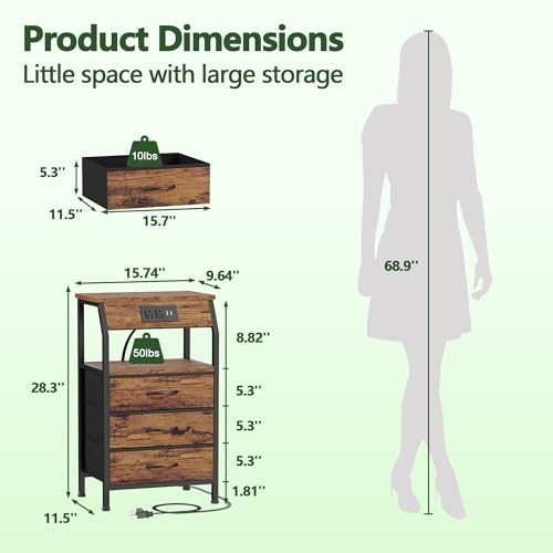 Night Stand with Charging Station, 3 Fabric Drawers Bedside Table | Rustic Brown Dorm Nightstand For Bedroom, 28.3 Inch Tall, Usb Ports & Outlets, Side Table with Storage Shelf, 3 Ways to Use