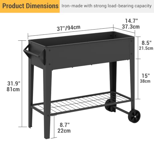 Mobile Raised Garden Bed with Legs and Wheels Metal Elevated Planter Box | 31.9" Tall with Handles Lower Storage Shelf & 5 Drain Holes for Vegetables Herbs Flowers,Garden Patio Balcony Backyard Garage