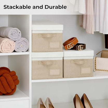 GRANNY SAYS Storage Basket with Lid, Linen Fabric Storage Bins with Label, Decorative Storage Boxes, Clothes Storage and Organization, Memory Keepsake Box, 3-Pack, Medium, Khaki&Ivory