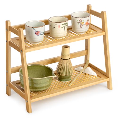 ANBOXIT Matcha Station Organizer, Countertop Bamboo Coffee & Tea Station | Rattan-Look 2 Tier Mug Holder Display Stand for Kitchen Condiment, Coffee Accessories, Home, Office