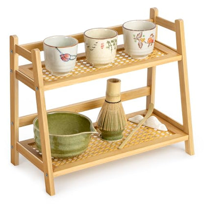 ANBOXIT Matcha Station Organizer, Countertop Bamboo Coffee & Tea Station | Rattan-Look 2 Tier Mug Holder Display Stand for Kitchen Condiment, Coffee Accessories, Home, Office