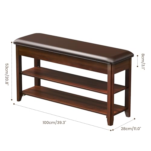 LBT Shoe Bench with Storage, Solid Rubberwood Shoe Rack Bench for Entryway | Adjustable 6.3" Shelf Fits High-Top Shoes & Boots, Hidden Storage Compartment, Cushion Seat, Stay-Open Hinge, Walnut