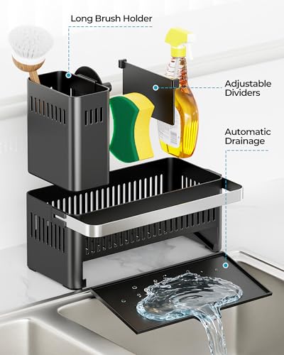 Nieifi Sponge Holder, Black Rustproof ABS Sink Caddy with Towel Rack | Smiley Sponge and Brush Holders with Drainage to Keep Items Dry. 10"L x 4.5"D. Kitchen Counter Organizer & Essential Storage.