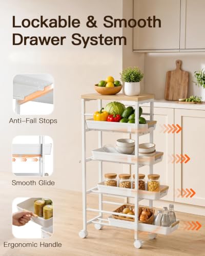 Pipishell Slim Rolling Storage Cart with Drawers & Lockable Wheels, 5 Tier Kitchen Cart with Safety Stops & Vented Design, Wood Top, Pull-Out Utility Cart for Kitchen, Bathroom, Laundry Room, White