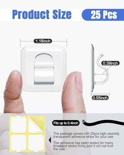 LZC 25 Pack Clear Adhesive Strips Hooks for Outdoor String Lights Clips | Large Square Heavy Duty Waterproof Sticky Light Hook Outside Hanging Rope Christmas Light Cable Cord Holders Organizer