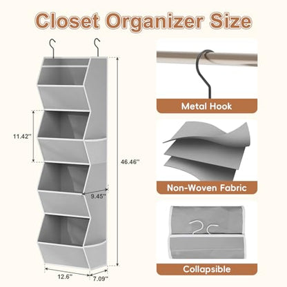 Hanging Closet Organizer 4 Shelf Collapsible Bedroom Closet Organizers and Storage Hanging with Mesh Pockets for Clothes, Fabric Hanging Storage Bins for Wardrobe Closet Organization and Storage, Grey