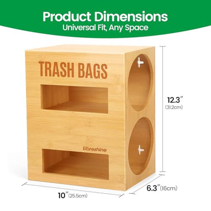 Dual Roll Bamboo Trash Bag Dispenser and Holder, Wall Mount | Fits standard 13-33 gallon rolls up to 5.2 in diameter. Measure bulk rolls before ordering