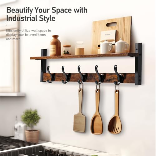 Tatub 29" Rustic Coat Rack Wall Mount with Shelf, Entryway Wall Hooks with Shelf, Coat Hangers for Bathroom, Living Room, Bedroom, Rustic Black