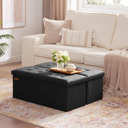 HAUSFRAU Ottoman with Storage Bench Folding Foot Rest Stool Linen Black | 31.5", Flip Lid, Small Upholstered Foldable Footrest Footstool, Bedroom Bench, Living Room Dorm Ottoman, Rectangle