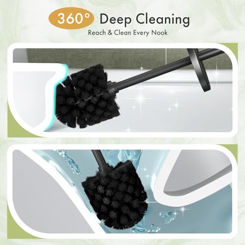 Toilet Bowl Brush and Holder Set 3 Pack with 6 Extra Brush Heads (Black) | Extra Long Handle with Splash Guard Cover, Tool-Free Installation, Bathroom Space-Saving, Cleaner Sets for Apartments, RV
