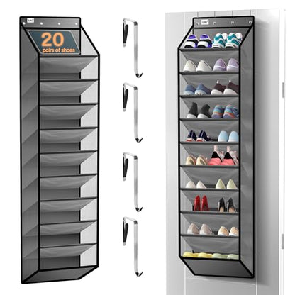 Kotkn 10 Tier Over The Door Organizer - Heavy Duty Hanging Storage Rack with Sturdy Oxford Fabric, Holds 20+ Pairs of Footwear, Boots & Sneakers, Saves 50% Closet Space (Gray)