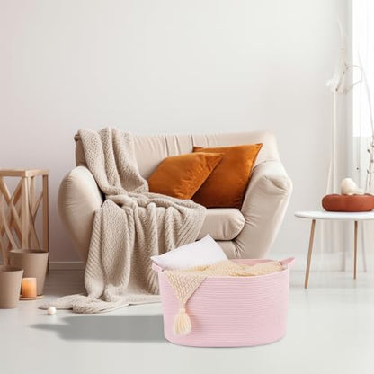 XUANGUO Large Rectangle Woven Cotton Rope Blanket Basket 22"x17"x12" Pink | Storage basket for nursery and living room; toy basket for kids, laundry basket for clothes and towels, or gift basket.
