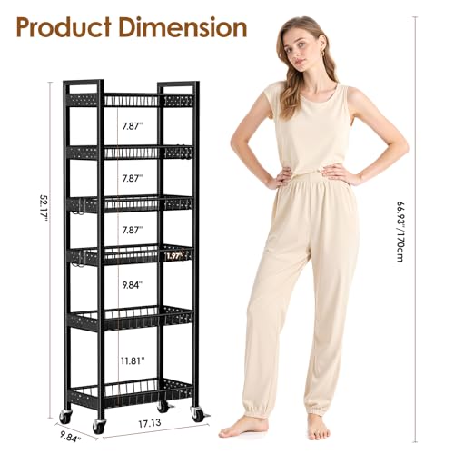 6 Tier Slim Storage Cart, Narrow Rolling Cart with Wheels, 10in(W) | Narrow Mobile Utility Shelf Unit Organizer for Kitchen, Bathroom, Laundry Room, Living Room, Small Places, Black