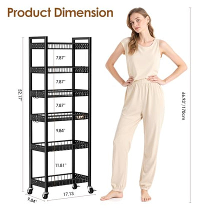 6 Tier Slim Storage Cart, Narrow Rolling Cart with Wheels, 10in(W) | Narrow Mobile Utility Shelf Unit Organizer for Kitchen, Bathroom, Laundry Room, Living Room, Small Places, Black