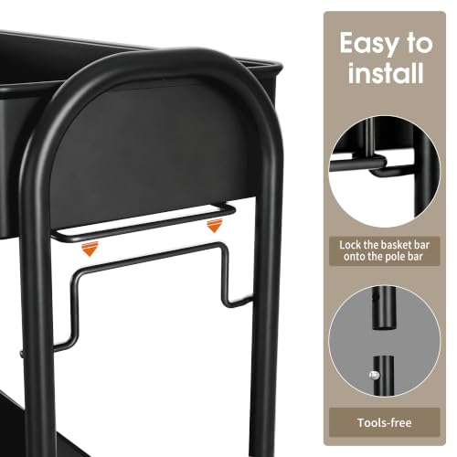 Slim Rolling Cart, Metal Frame Utility Rolling 3-Tier Narrow Storage Cart | Kitchen Storage Organizer, Mobile Shelving Unit for Bathroom Kitchen