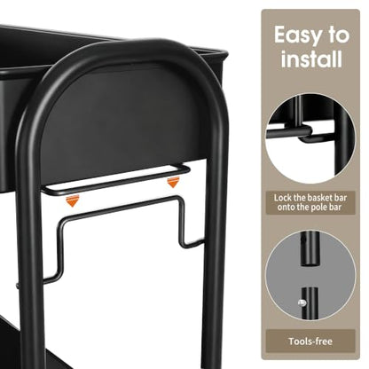 Slim Rolling Cart, Metal Frame Utility Rolling 3-Tier Narrow Storage Cart | Kitchen Storage Organizer, Mobile Shelving Unit for Bathroom Kitchen