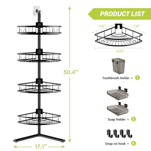 Corner Shower Caddy Standing: 4-tier Rustproof Shower Organizer Shelf - Floor Shower Corner Shelf for Bathroom, Renters, Apartment & Dorm