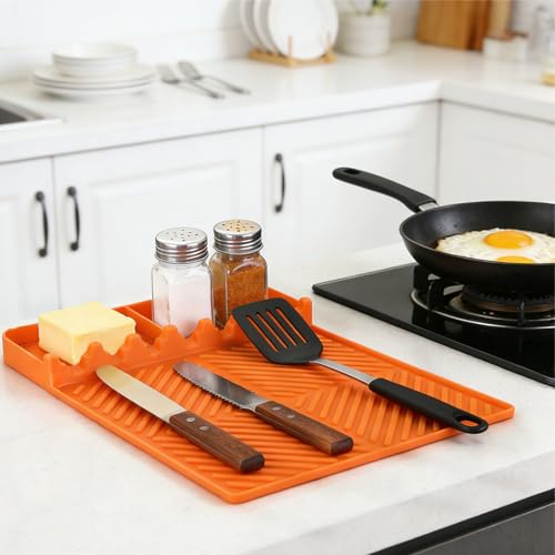 Silicone Tools Mat for Griddle & Kitchen Countertop | Orange Side Shelf Spatula Mat with Drip Pad for Blackstone Weber Traeger Pit Boss Flat Top Grill Smoker, BBQ Gifts for Men