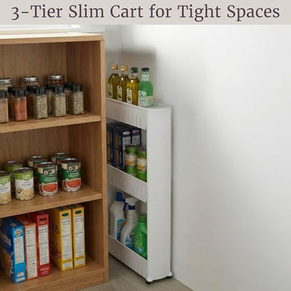 3 Tier Shelf Rolling Cart - Narrow-Space Kitchen o... (White)