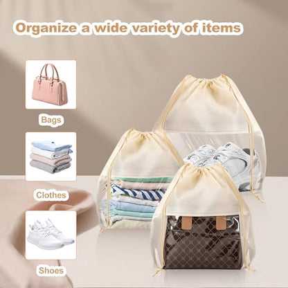 Jeffbaubl 20 Pcs Purse Dust Bag, Dust Covers for Handbags, Beige, 4 Sizes | Dustproof Drawstring Bag, Shoe Bags for Travel, Breathable Non Woven Fabric Storage Bags for Handbags, Shoes, Purses