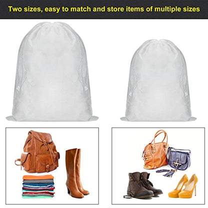 Woanger 40 Pcs Dust Bags for Handbags Drawstring Dust Proof Purse Storage Bags, 2 Size Non Woven Breathable Fabric Shoes Pouch for Purse Backpack Boots Cloth Storage Travel Package Organizer, White