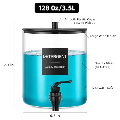 Glass Laundry Detergent Dispenser, 128 oz / 3.5L Fabric Softener Dispenser for Laundry Room Organization, Detergent Holder with Plastic Spigot (Black, 2 Pack)