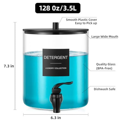 Glass Laundry Detergent Dispenser, 128 oz / 3.5L Fabric Softener Dispenser for Laundry Room Organization, Detergent Holder with Plastic Spigot (Black, 2 Pack)