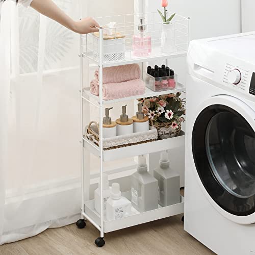 KINGRACK 4 Tier Slim Rolling Cart, Metal Utility Storage Cart with Wheels | 5.7" Raised Edge, Narrow Space Trolley Organizer for Bathroom, Kitchen, Office, Dorm, Laundry, Living Room, White