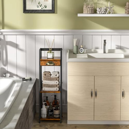 3-Tier Narrow Bathroom Shelves with Drawer, Bathroom Organizers and Storage, Open Floor Ladder Shelf, Freestanding Tower Slim Standing Unit for Small Spaces - Rustic Brown