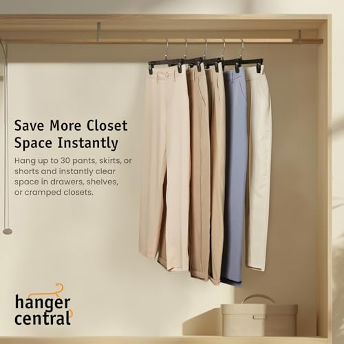 12 inch 30 Pack Pants Hangers Slim Plastic Clothes Hangers with Clips for Skirts, Shorts & Trousers – Non Slip Grip, Heavy Duty Space Saver with Swivel Hook – Black Closet Organizer