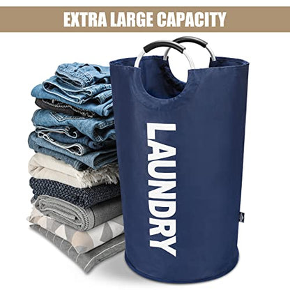 DOKEHOM 90L Large Laundry Basket Bag, Collapsible Tall Hamper, Dark Blue | Freestanding tall washing bin & foldable laundry bag. High-capacity clothes storage basket with durable sturdy handles