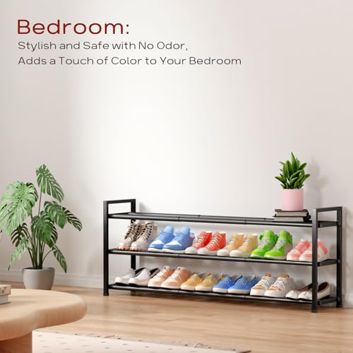 Bumusty 3 Tier Long Expandable Shoe Rack for Closet, Black | 18"-44" Adjustable Shoe Rack for Entryway, Shoe Organizer for Dorm, Front Door, Sturdy Metal