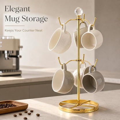 Mug Tree Coffee Cup Holder for Counter Top 6 Hooks(Gold) | Double Tier Metal Mug Tree for Counter with Crystal Ball for Small-Space,Mug Stand Tree Countertop with Patterned Base Rim